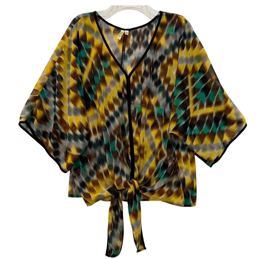 Chenault  Geometric Ikat Print Tie Front Kimono Blouse Yellow‎ Teal Women's 2X